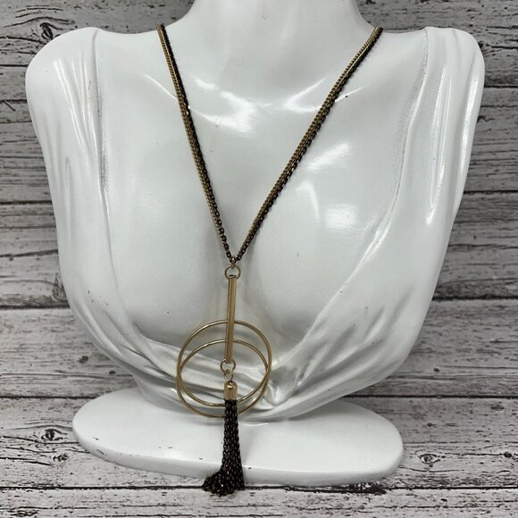 Premier Designs Necklace Black Gold Tone‎ Chains Gold Tone Pendant with Tassel - Picture 1 of 8